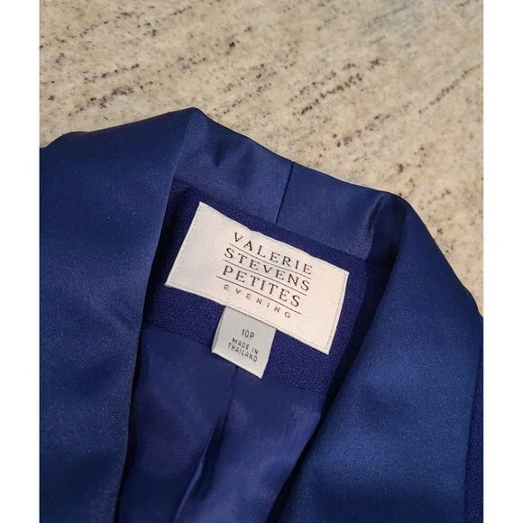 New! Valerie Steven Evening Dinner Sz 10 Petite Blue Skirt Suit Satin Lapel Wool